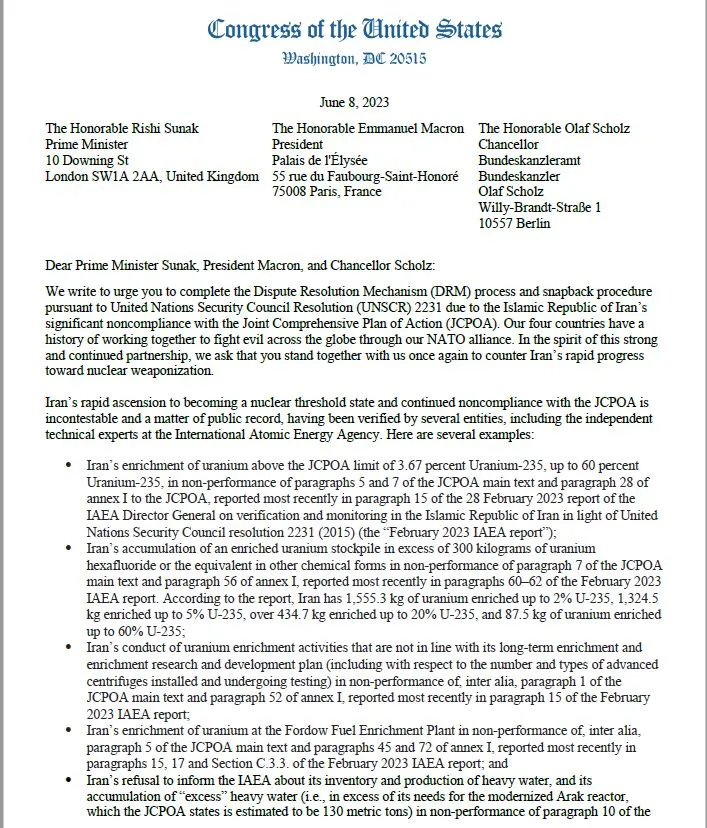 Bipartisan Letter Urges EU Leaders to Activate UN Sanctions Snapback on Iran